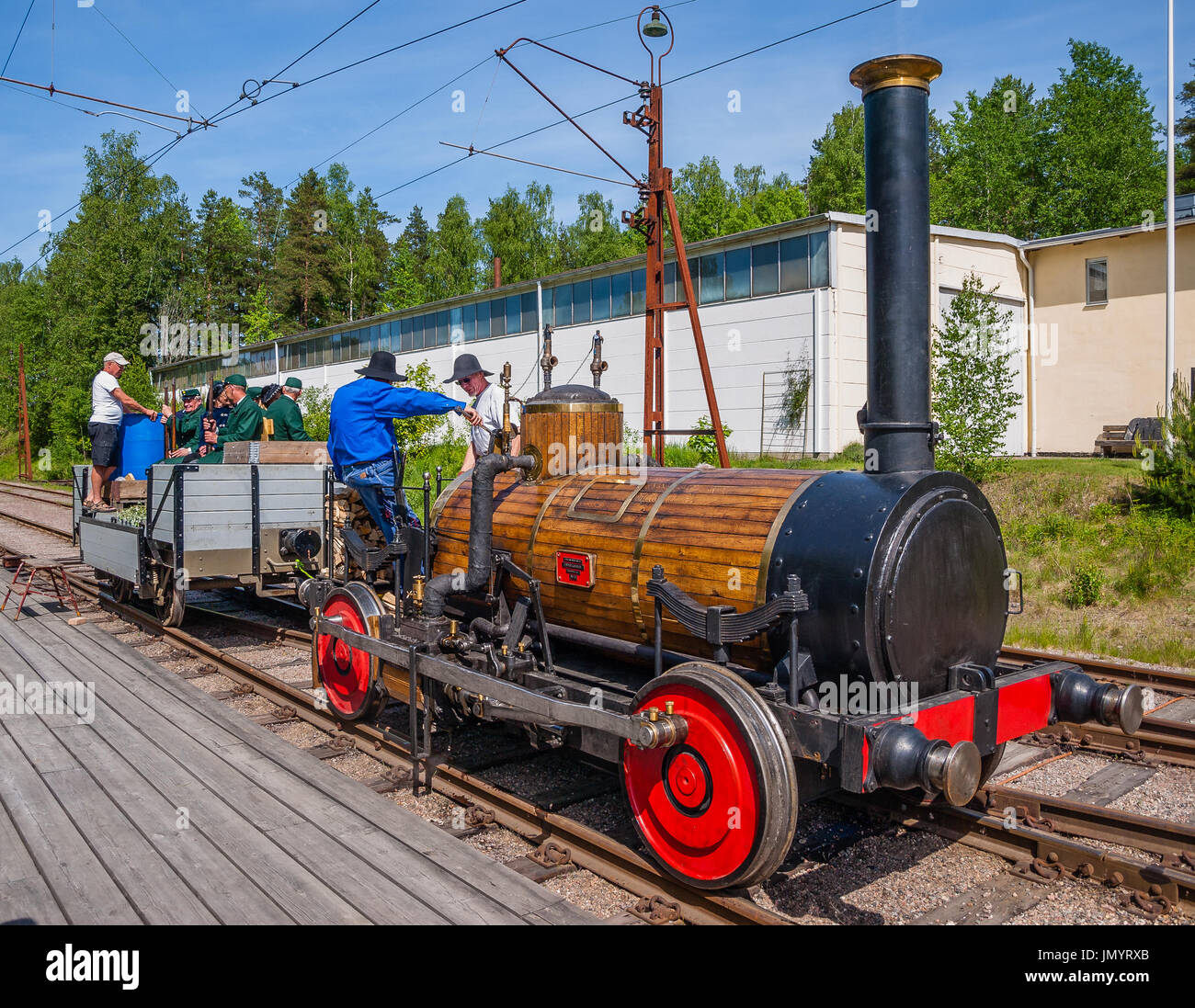 A replica of Sweden's first steam locomotive 'Förstlingen' in Malmköping. Stock Photo