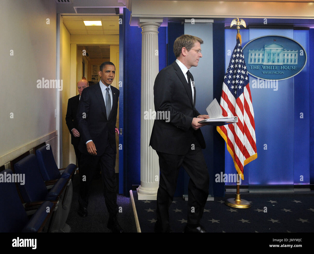 United States President Barack Obama arrives with Press Secretary Jay ...