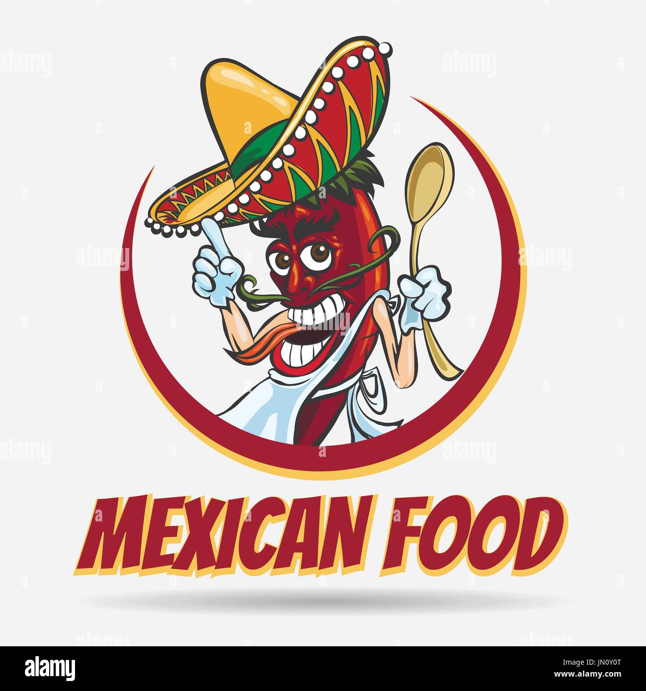 Cartoon mexican red chili pepper with green mustache in sombrero hat. Mexican food logo, labels, emblems and badges. Vector illustration. Stock Vector