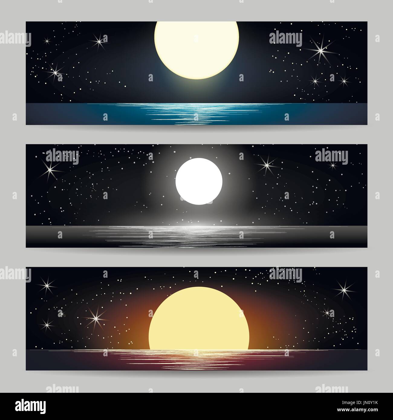 Set of seascapes with full moon at the night sea. Vector illustration Stock Vector