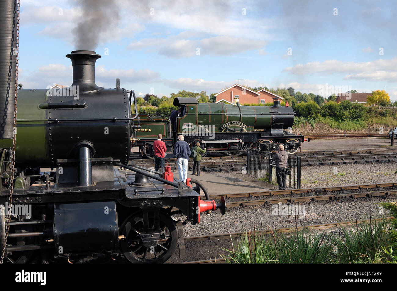 '2857' (nearest camera) and 'City of Truro' at Kidderminster Town Station. Stock Photo