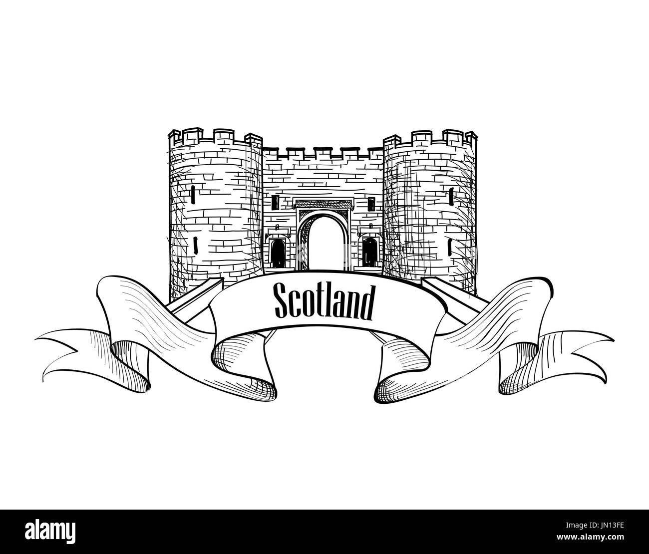Scotland label with ribbon and copy space. Scotch famous Stirling castle sketch symbol, Stirlingshire, Scotland. Stock Photo