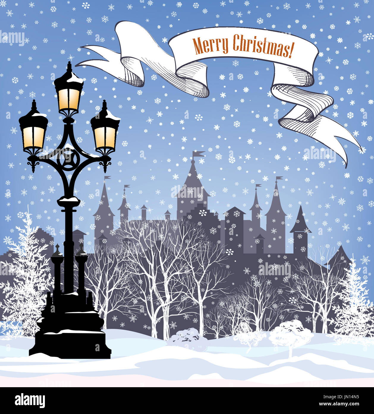 Winter holiday snow background. Merry Christmas greeting card. Snowy city  wallpaper Stock Photo - Alamy