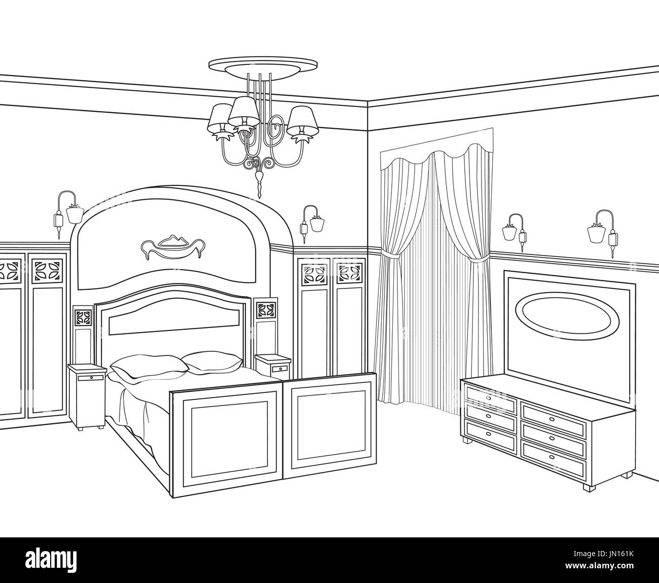 Bedroom furniture. Retro style room. Editable outline sketch of a interior. Graphical interior. Stock Photo