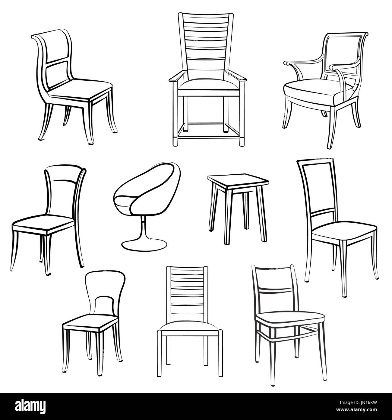 Furniture set. Interior detail outline collection chair, armchair