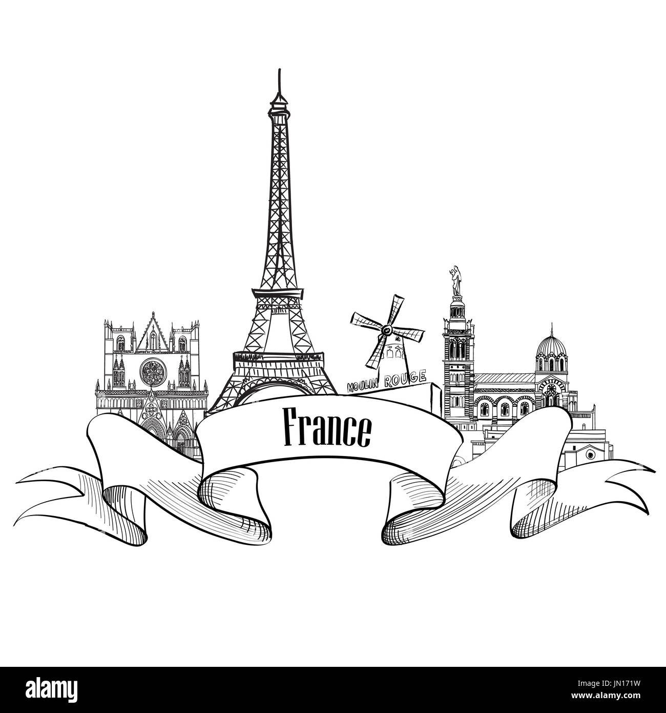 France label. Famous french architectural landmarks. Visit France banner. Stock Photo