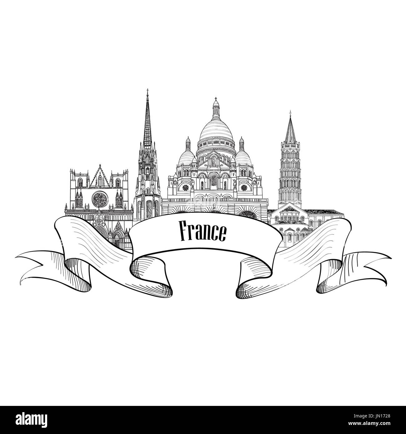 France label. Famous french architectural landmarks. Visit France banner. Stock Photo