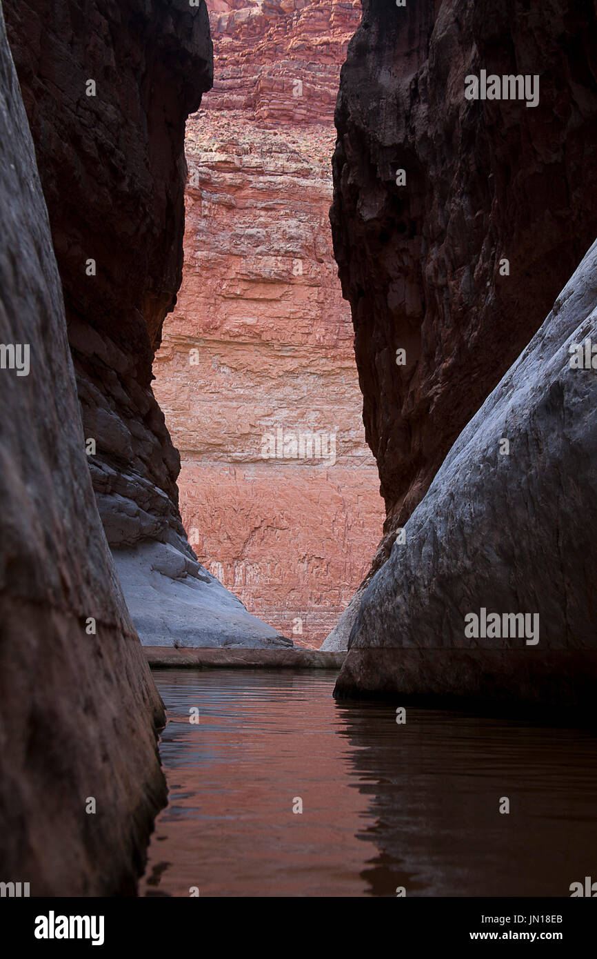 Flagstaff, Arizona, USA. 25th July, 2017. July 24, 2017. The worn walls of Coconino Shale in Silver Grotto contrast with the red leached limestone walls of the main canyon. A group of river runners set off from Lee's Ferry Arizona on a 221 mile decent of the Colorado River thru the geological time exposed thru erosion in Grand Canyon National Park to Diamond Creek on the Hualapi Native American Reservation on the western edge of the park. Credit: Ralph Lauer/ZUMA Wire/Alamy Live News Stock Photo