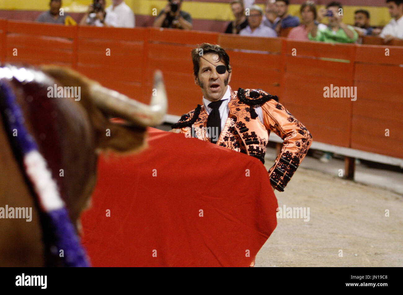 Mallorca, Spain, July 27, 2017 The Spanish bullfighter Juan José Padilla during a bullfight in the bullring of Palma de Mallorca in the Balearic Islands. After his serious  knock in Zaragoza (after which he lost an eye, forcing him to wear a patch) is known as the pirate bullfighter Stock Photo