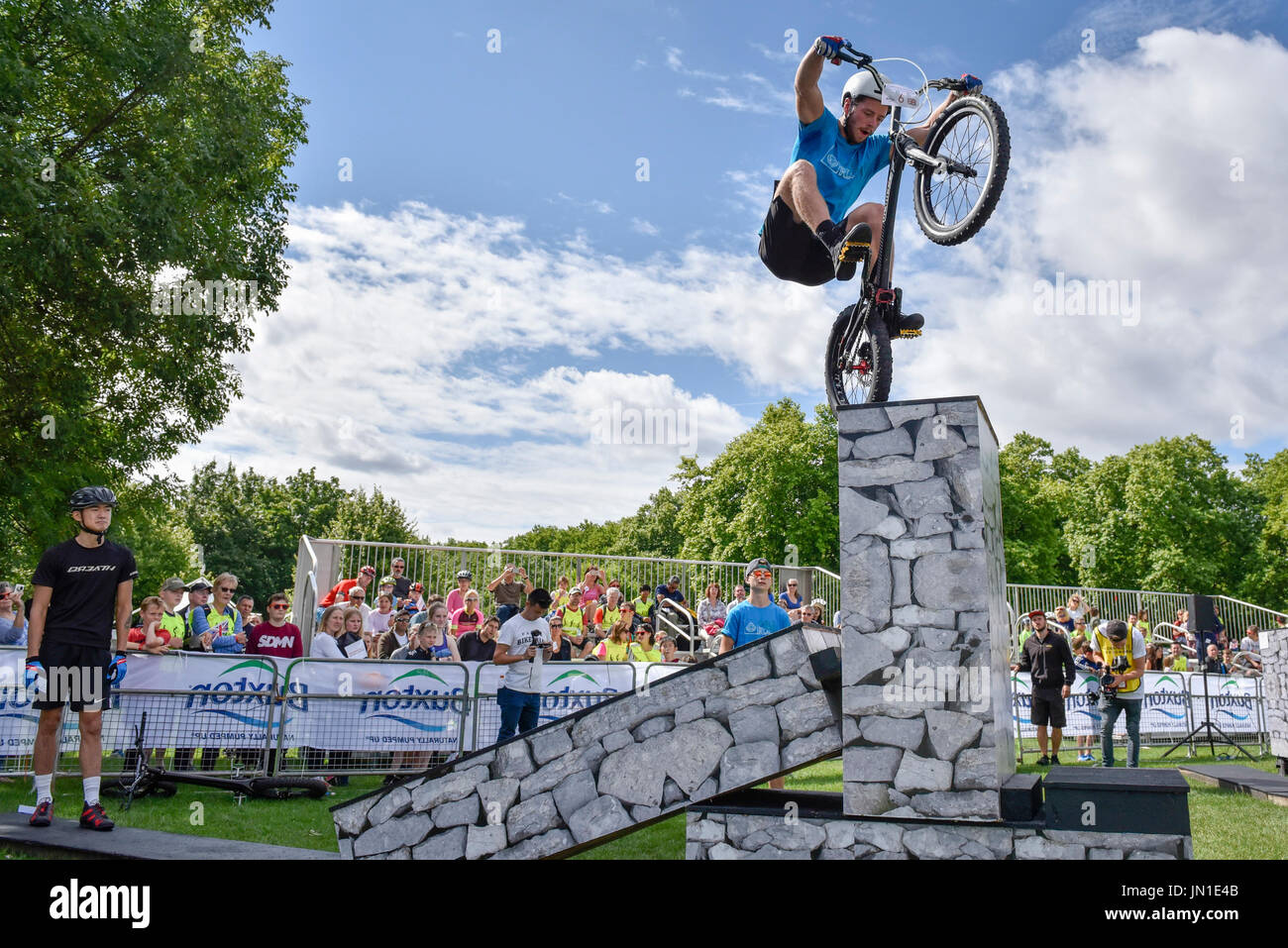 London, UK.  29 July 2017.  Members of the Andrei Burton stunt riding team take part in the London Trials Championships in Green Park tackling a course made up of tricky obstacles.  The event is part of Prudential RideLondon FreeCycle, a three day celebration of cycling taking place in the capital with over 100,000 people participating over the weekend.   Credit: Stephen Chung / Alamy Live News Stock Photo