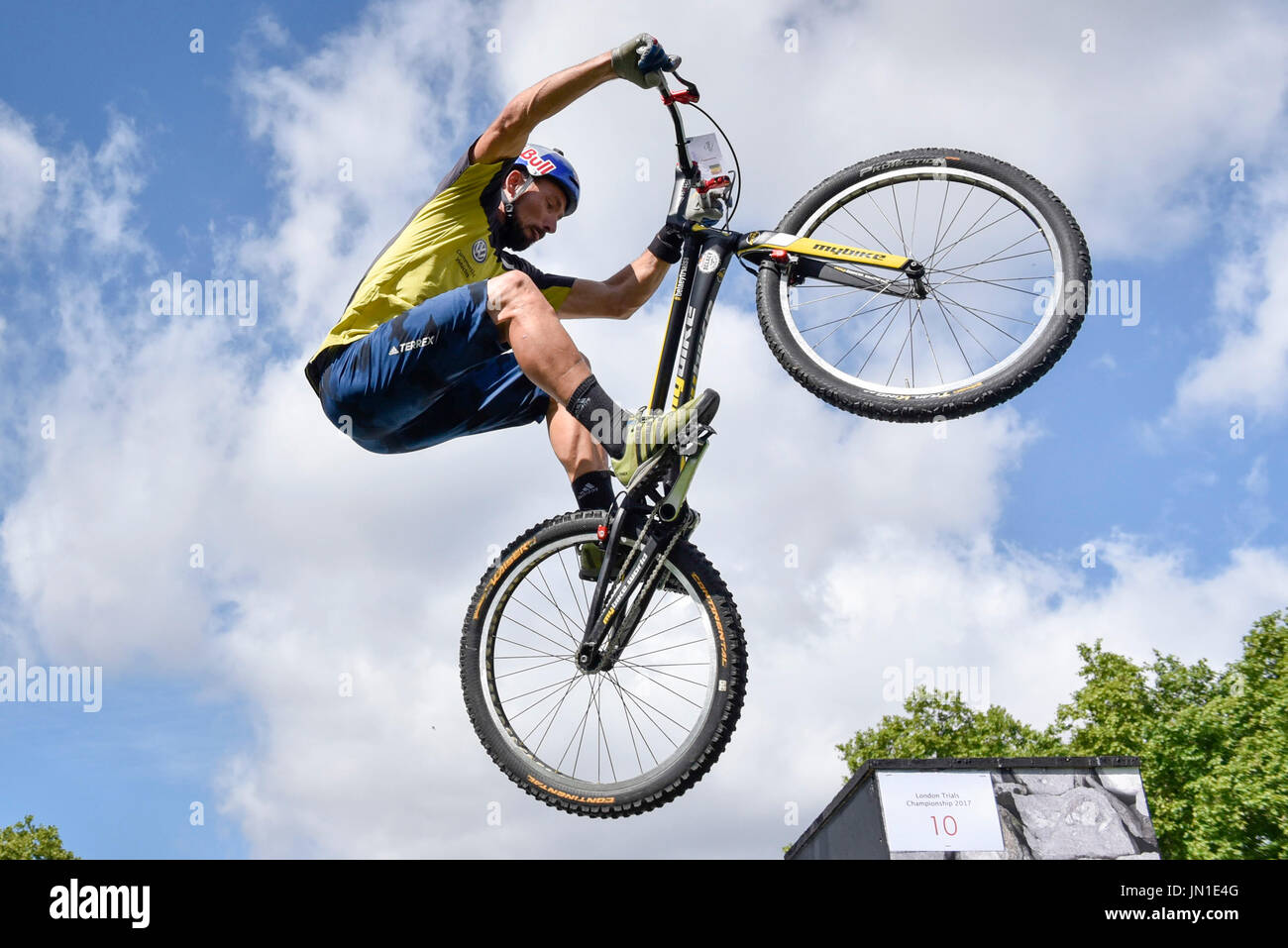 London, UK.  29 July 2017.  Members of the Andrei Burton stunt riding team take part in the London Trials Championships in Green Park tackling a course made up of tricky obstacles.  The event is part of Prudential RideLondon FreeCycle, a three day celebration of cycling taking place in the capital with over 100,000 people participating over the weekend.   Credit: Stephen Chung / Alamy Live News Stock Photo