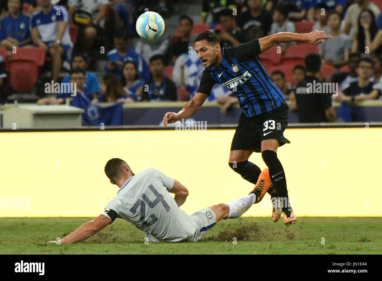 Singapore. 29th July, 2017. Inter Milan's Danilo D'Ambrosio (R) vies with Chelsea's Gary Cahill during the International Champions Cup match between Inter Milan and Chelsea held in Singapore's National Stadium on July 29, 2017. Credit: Then Chih Wey/Xinhua/Alamy Live News Stock Photo
