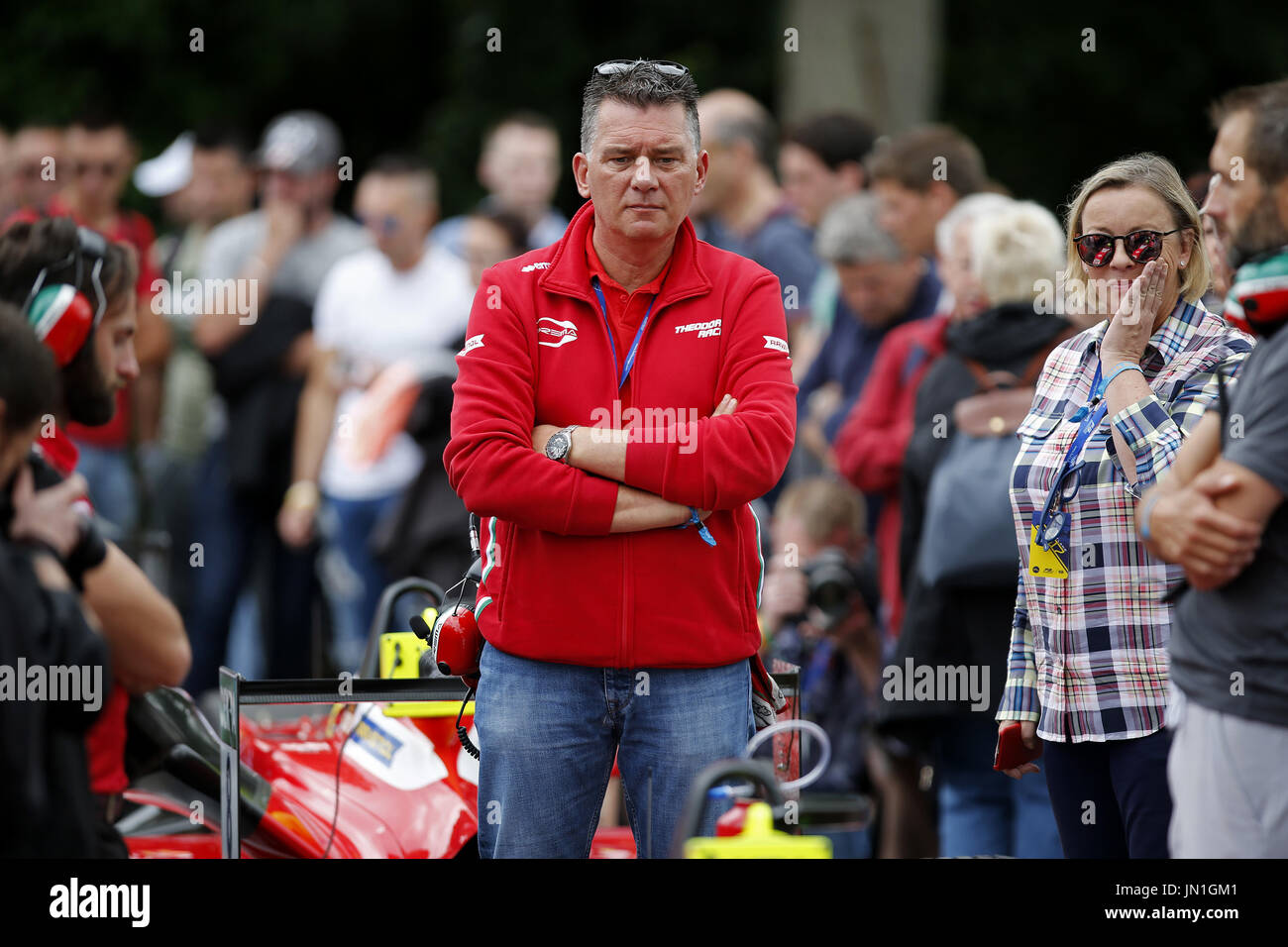 Spa Francorchamps, Belgium. 29th July, 2017. Peter Kaiser (adviser), Sabine Kehm (manager), Mick (DEU, Prema Dallara F317 – Mercedes-Benz), FIA Formula 3 European Championship, round 6, race 3, Spa-Francorchamps (