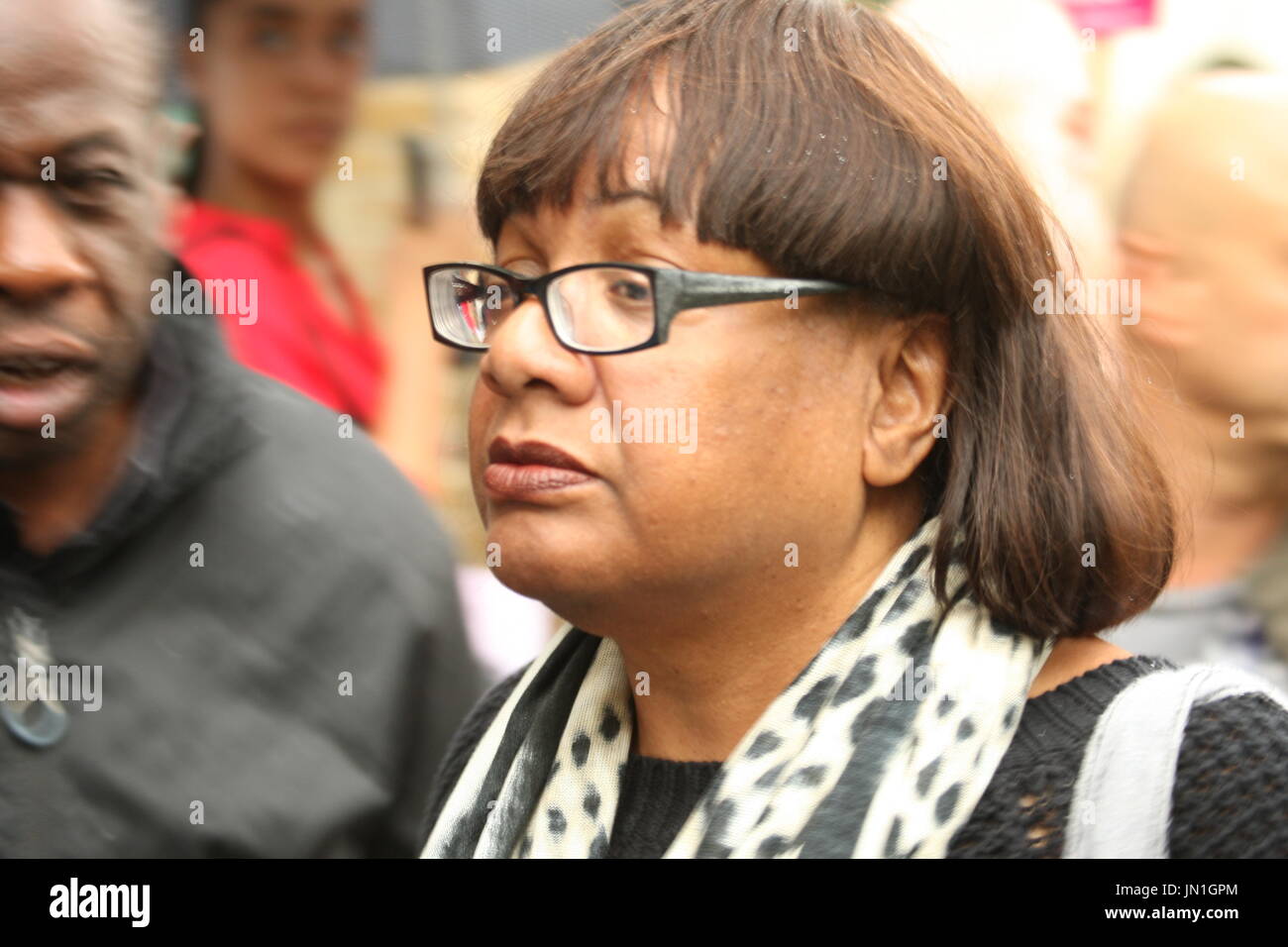 London, UK. 29th July, 2017. Dianne Abbott, MP, Labour Shadow Home Secretary. A protest takes place outside Stoke Newington police station. Called by Stand Up to Racism the protest focused on the recent death of Rashan Charles, after he was tackled by a police officer, and the death of Edson De Costa who also died following contact with the police a month ago. Roland Ravenhill/ Alamy Live News Stock Photo