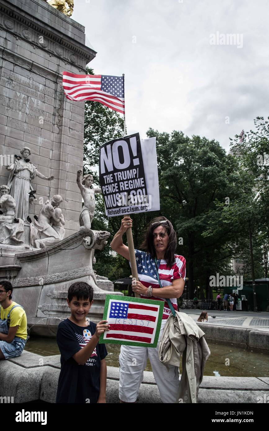 New York, New York, USA. 29th July, 2017.  Coordinated with a simultaneous demonstration at The White House in Washington, DC, a event took place at NYC's Columbus Circle in protest of the transgender ban in the US military. The protest groups have widely cited Trump's own five 'draft dodges'' to discredit this latest move being seen as regressive and pandering to Christian groups, the alt-right, and the far- and radical-right spectrum. Harlem Pride was among the sponsors. Credit: ZUMA Press, Inc./Alamy Live News Stock Photo