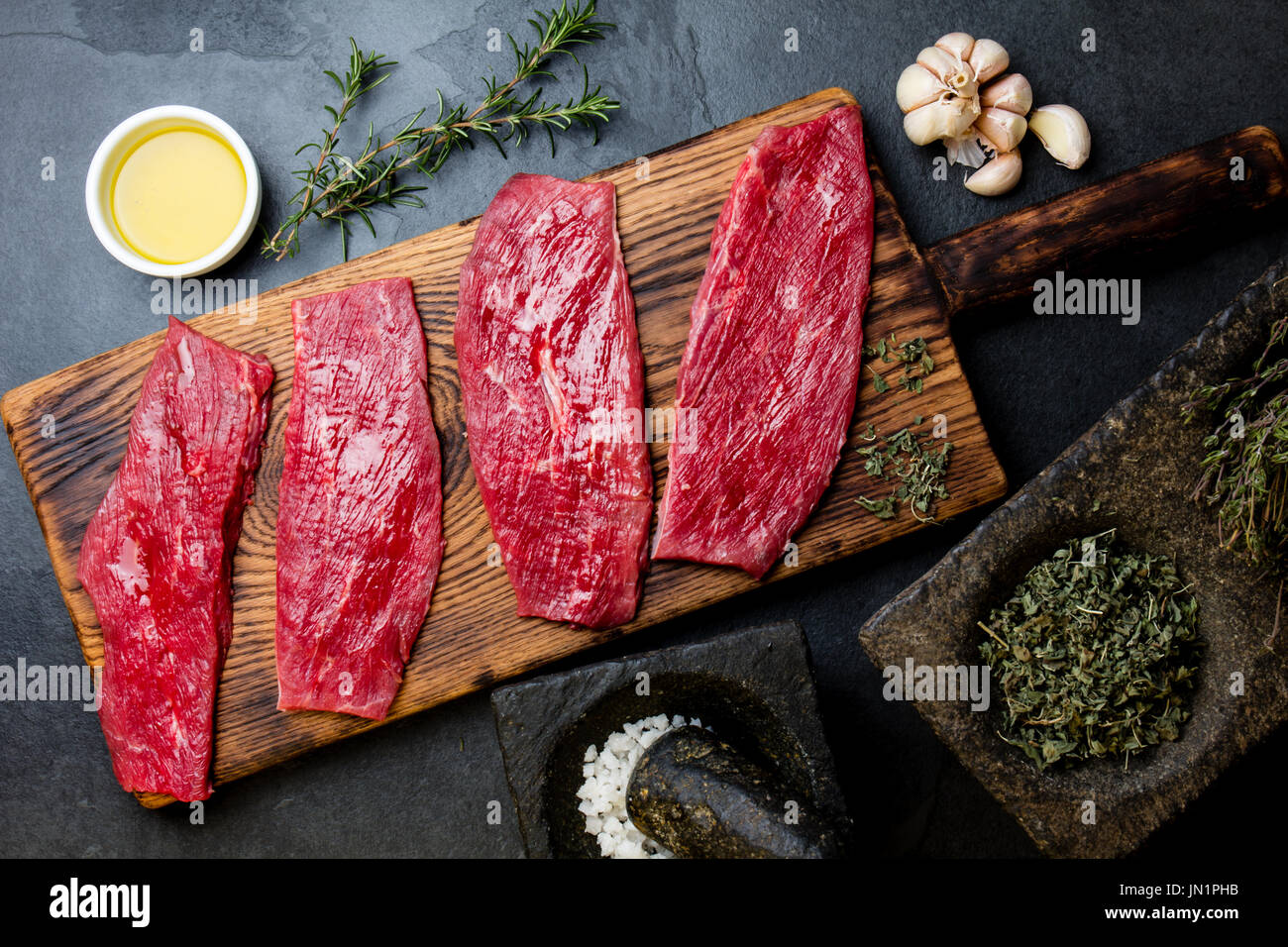 Fresh raw meat beef steaks. Beef tenderloin on wooden board, spices ...