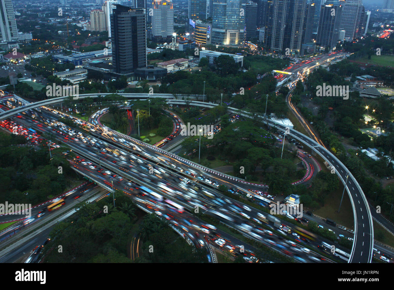 Semanggi interchanges bridge, Jakarta, which has completed the construction process and began the traffic test phase on July 28, 2017 night. The interchanges of Semanggi are a Jakarta Provincial Government project that was built during the leadership of Basuki Tjahaja Purnama as an effort to overcome traffic congestion in the capital city, at least 30%. Groundbreaking this project was conducted by Basuki Tjahaja Purnama, when he was still serving as Governor of Jakarta, on April 8, 2016. The grand launching of Semanggi interchanges is planned to be conducted by President Joko Widodo on August Stock Photo