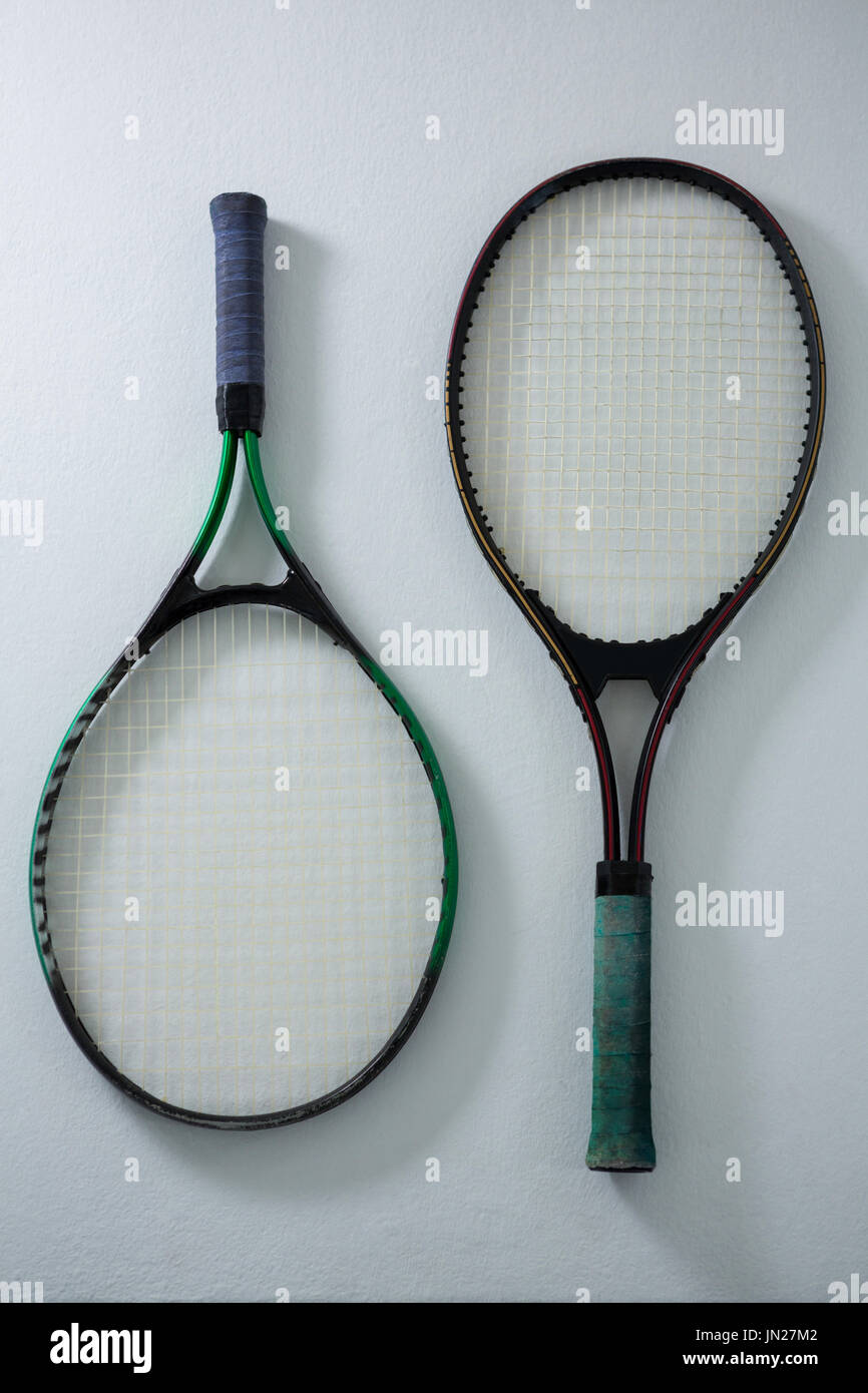 Overhead view of tennis rackets on white background Stock Photo