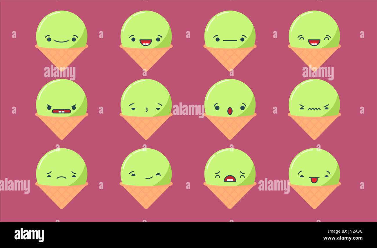 Set of vector kawaii ice cream emoticons. Isolated on purple background. Stock Vector