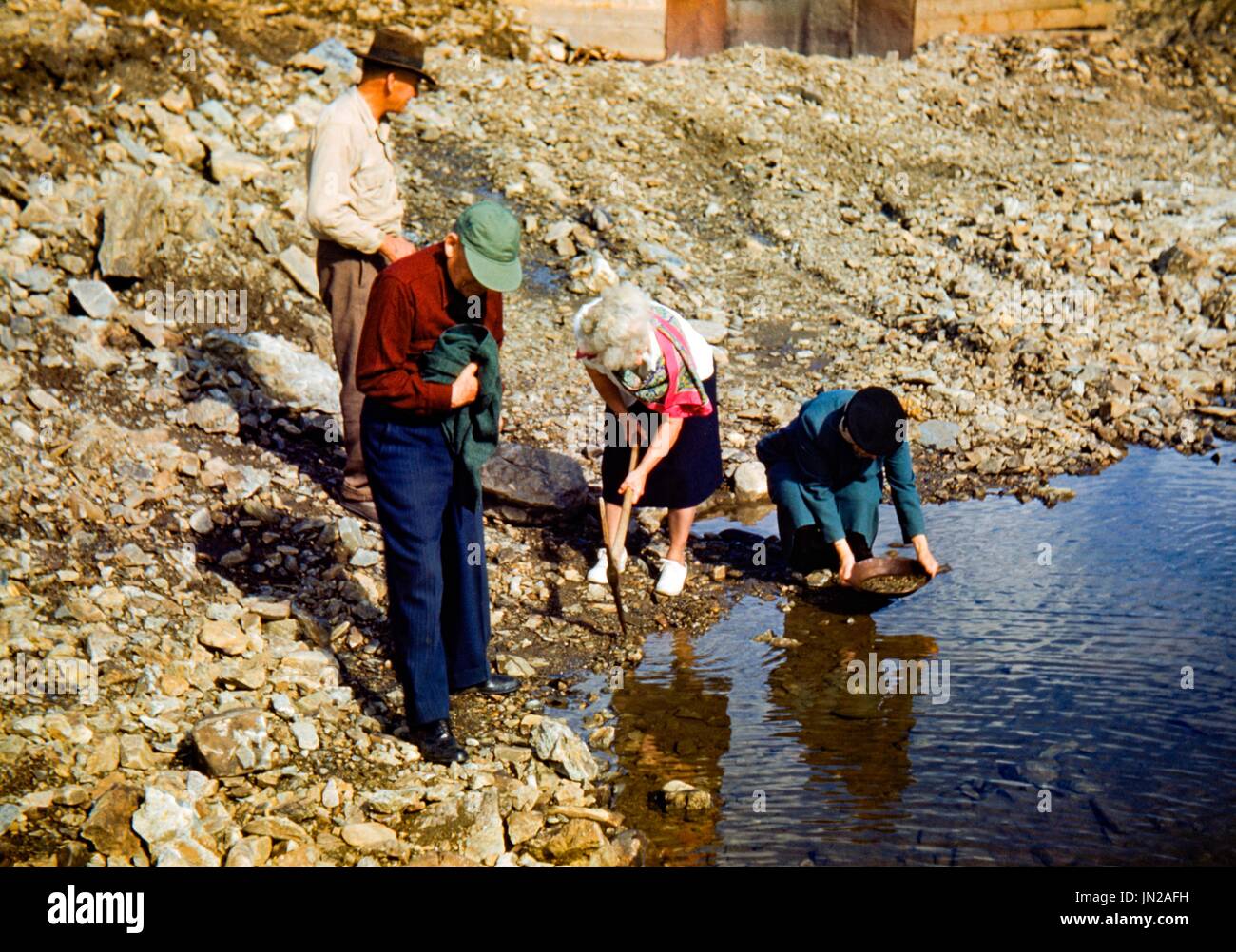 A family of mature tourists pans for gold in Deadwood Brook near the Homestake Mine, site of the Black Hills Gold Rush, South Dakota, United States, June 24, 1948. Stock Photo