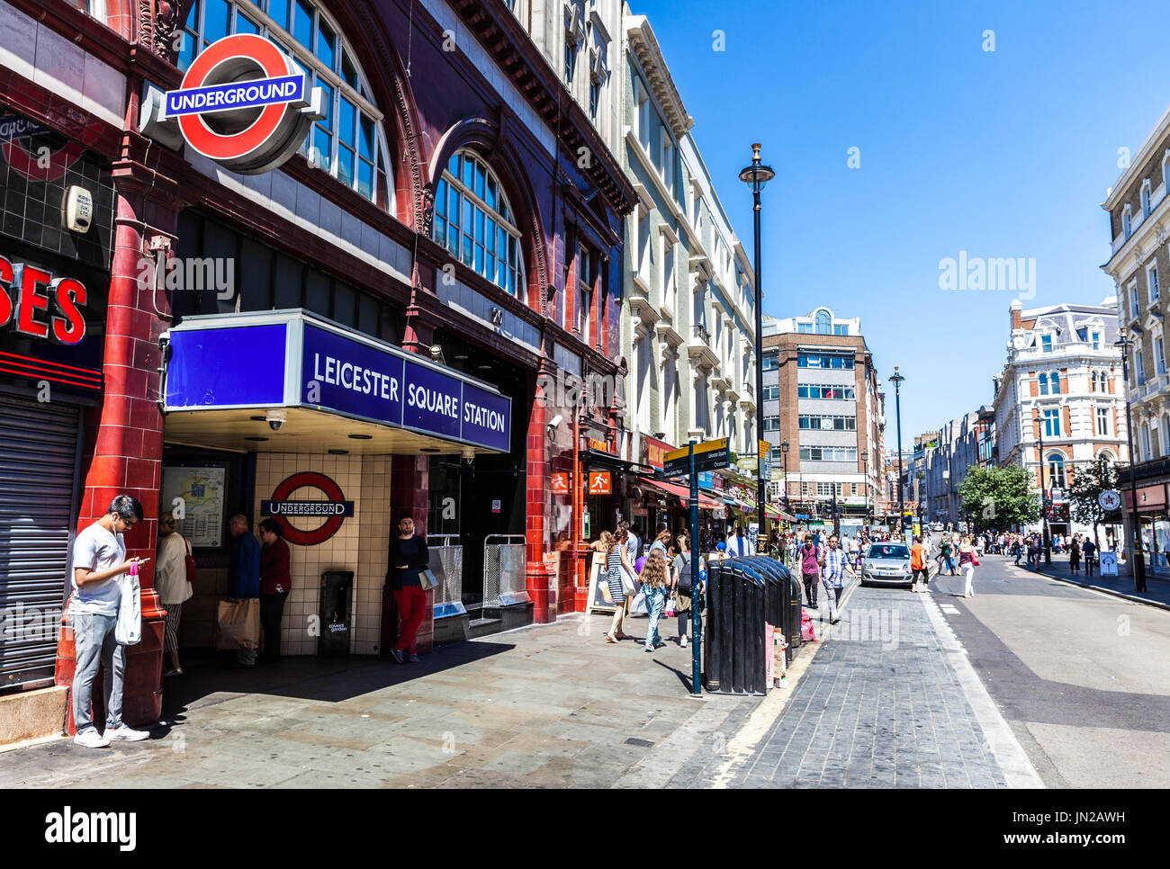 Leicester Square underground station, Cranbourn street, Soho, London, WC2H, England, UK. Stock Photo