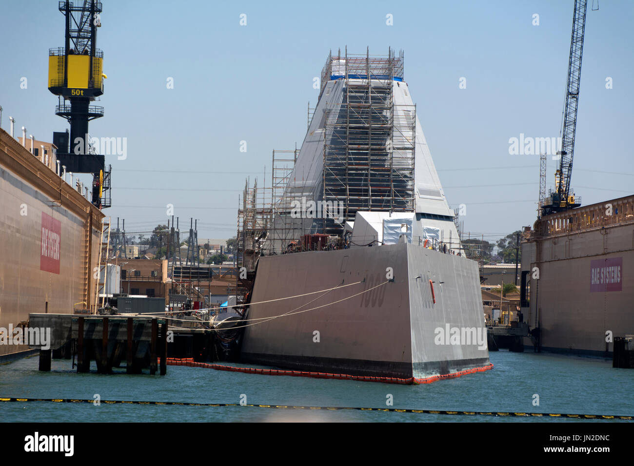 The stealth guided missile destroyer, USS Zumwalt, docked in San Diego