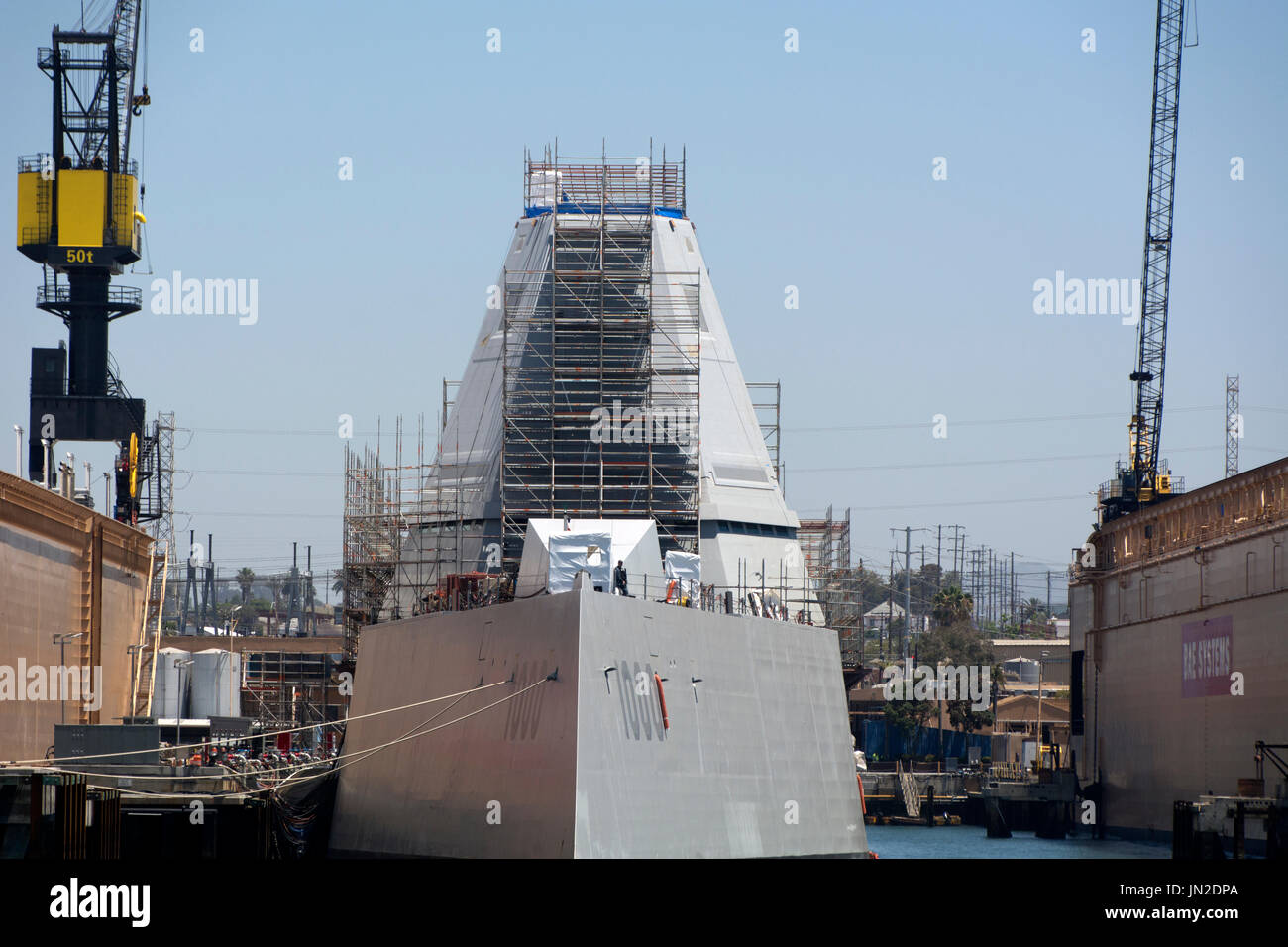 The stealth guided missile destroyer, USS Zumwalt, docked in San Diego