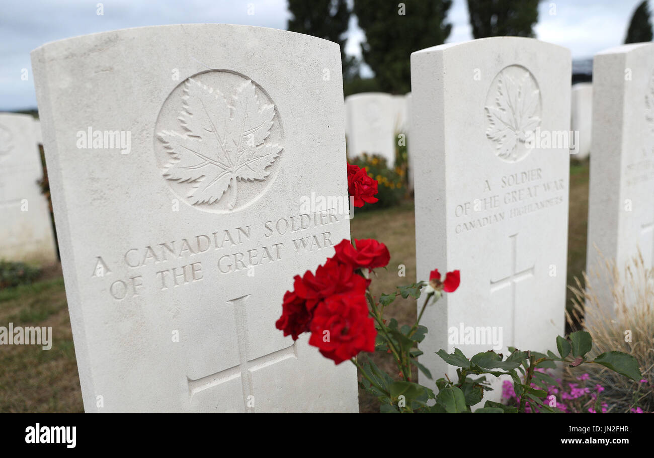The grave stones of unknown Canadian soldiers in Tyne Cot Commonwealth War Graves Cemetery, near to Ypres in Belgium. Stock Photo