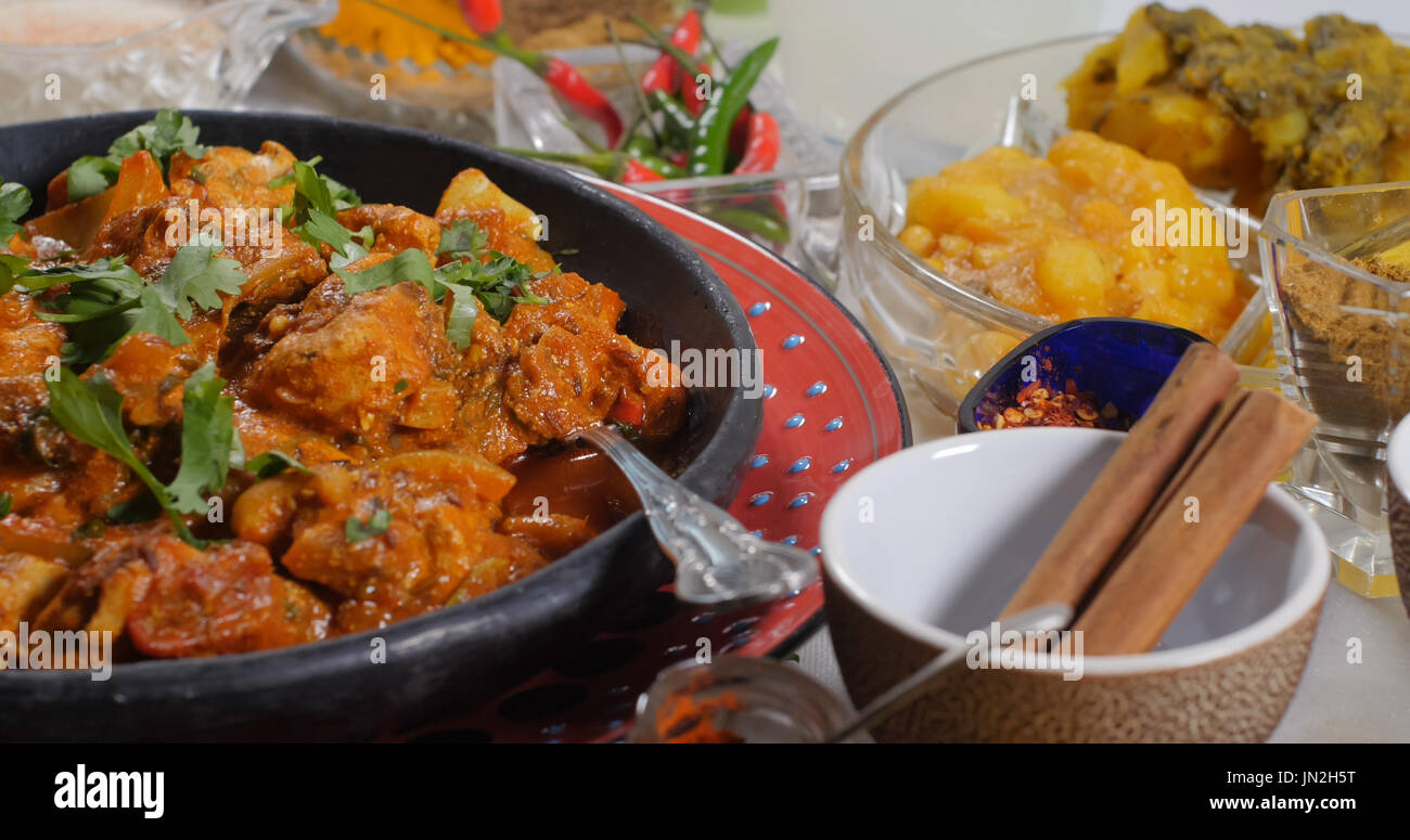 Indian food chicken tikka with rice, pakora and samosa hires stock