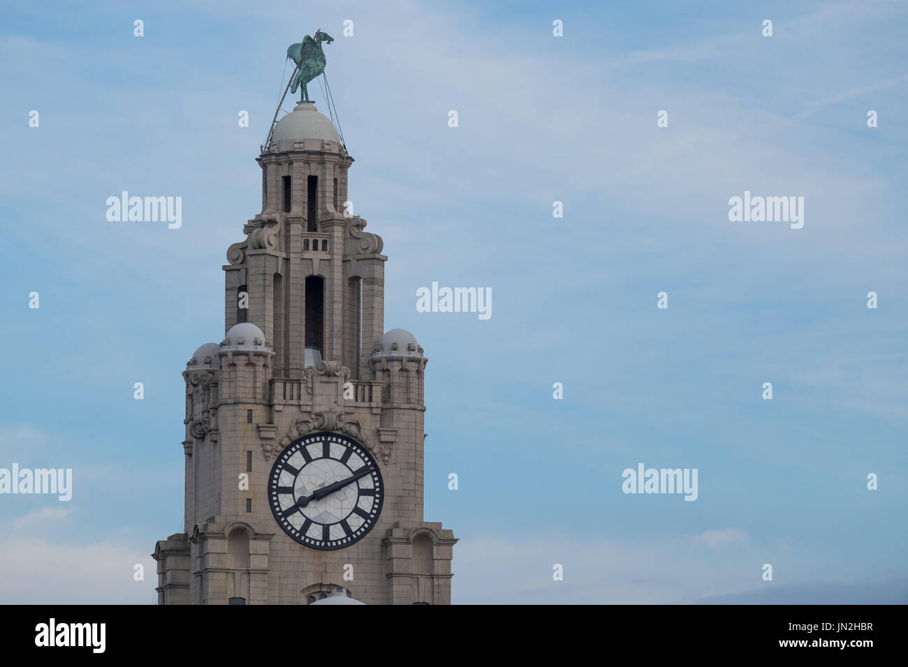 The clock tower of the Royal Liver Building in Liverpool, UK Stock