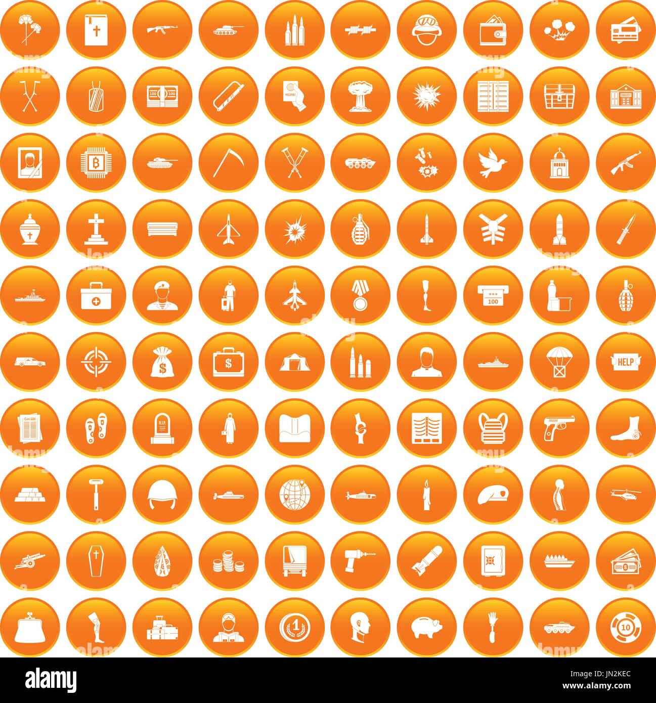 100 war crimes icons set orange Stock Vector