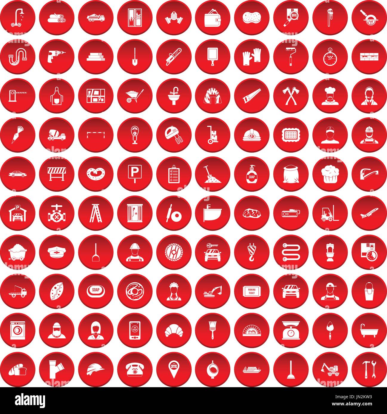 100 working professions icons set red Stock Vector