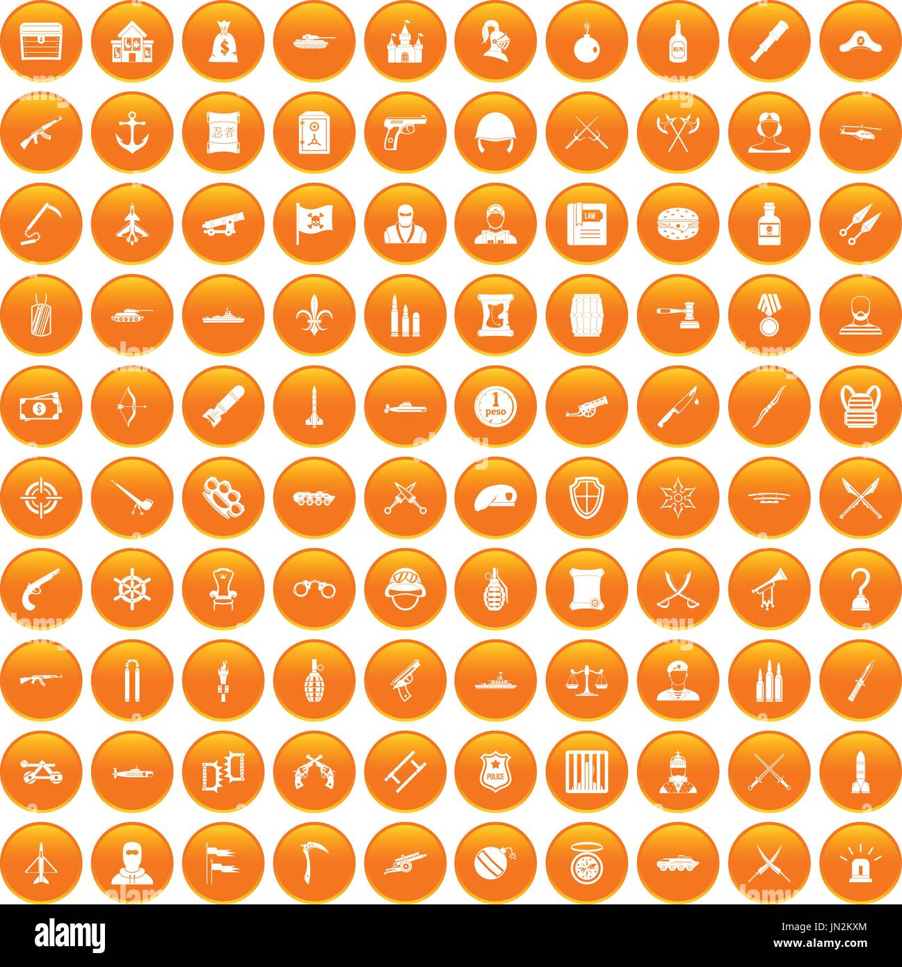 100 weapons icons set orange Stock Vector