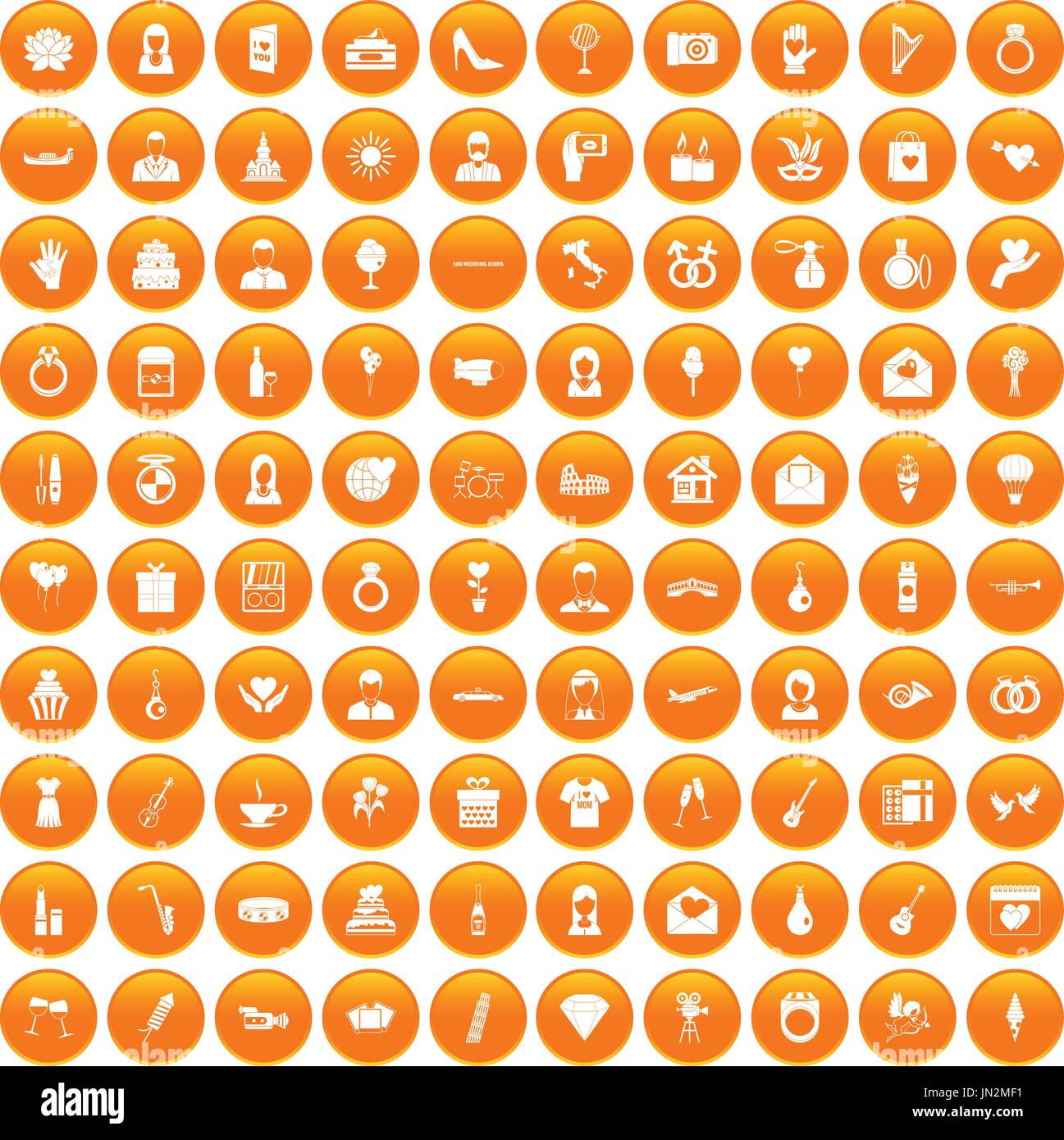 100 wedding icons set orange Stock Vector