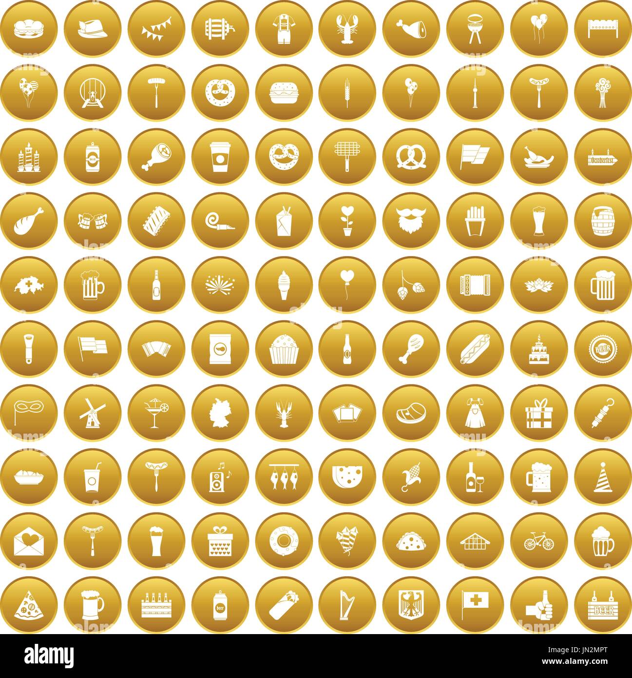 100 beer party icons set gold Stock Vector