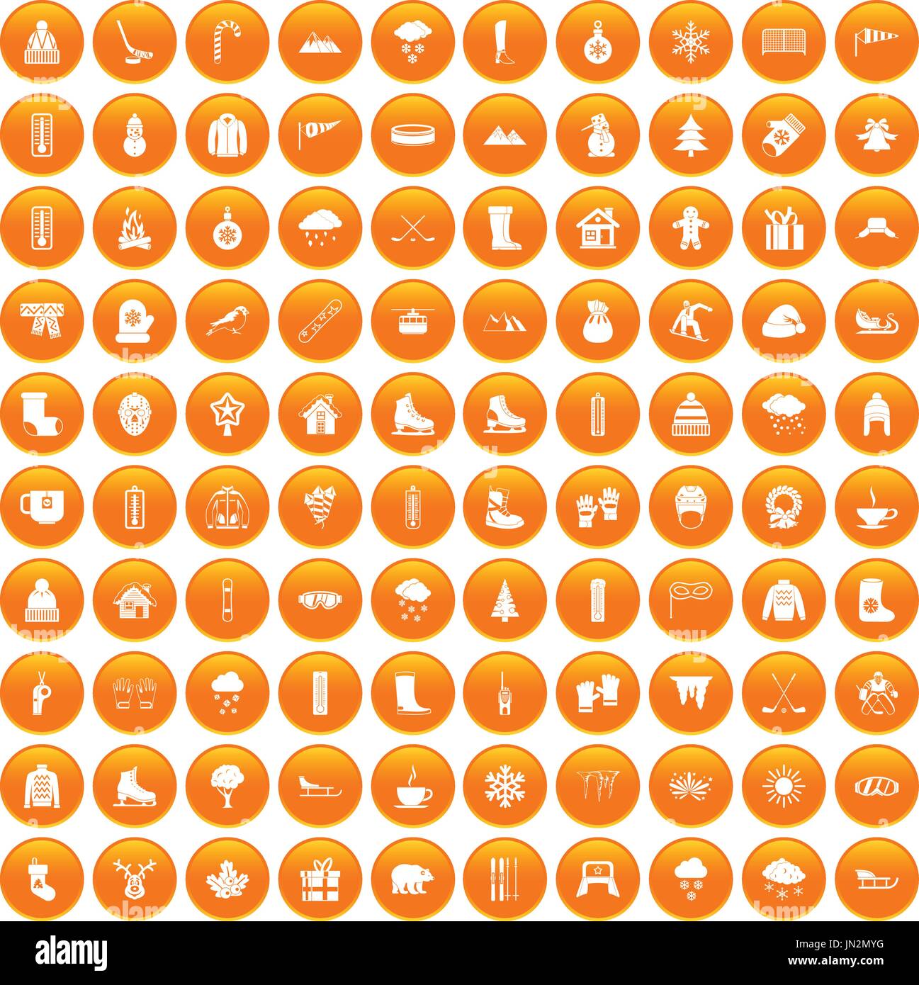 100 winter icons set orange Stock Vector