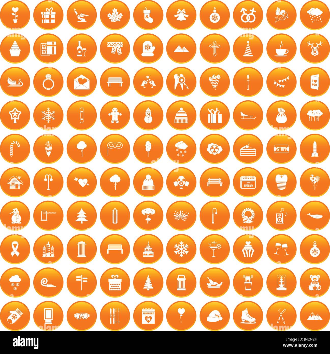 100 winter holidays icons set orange Stock Vector
