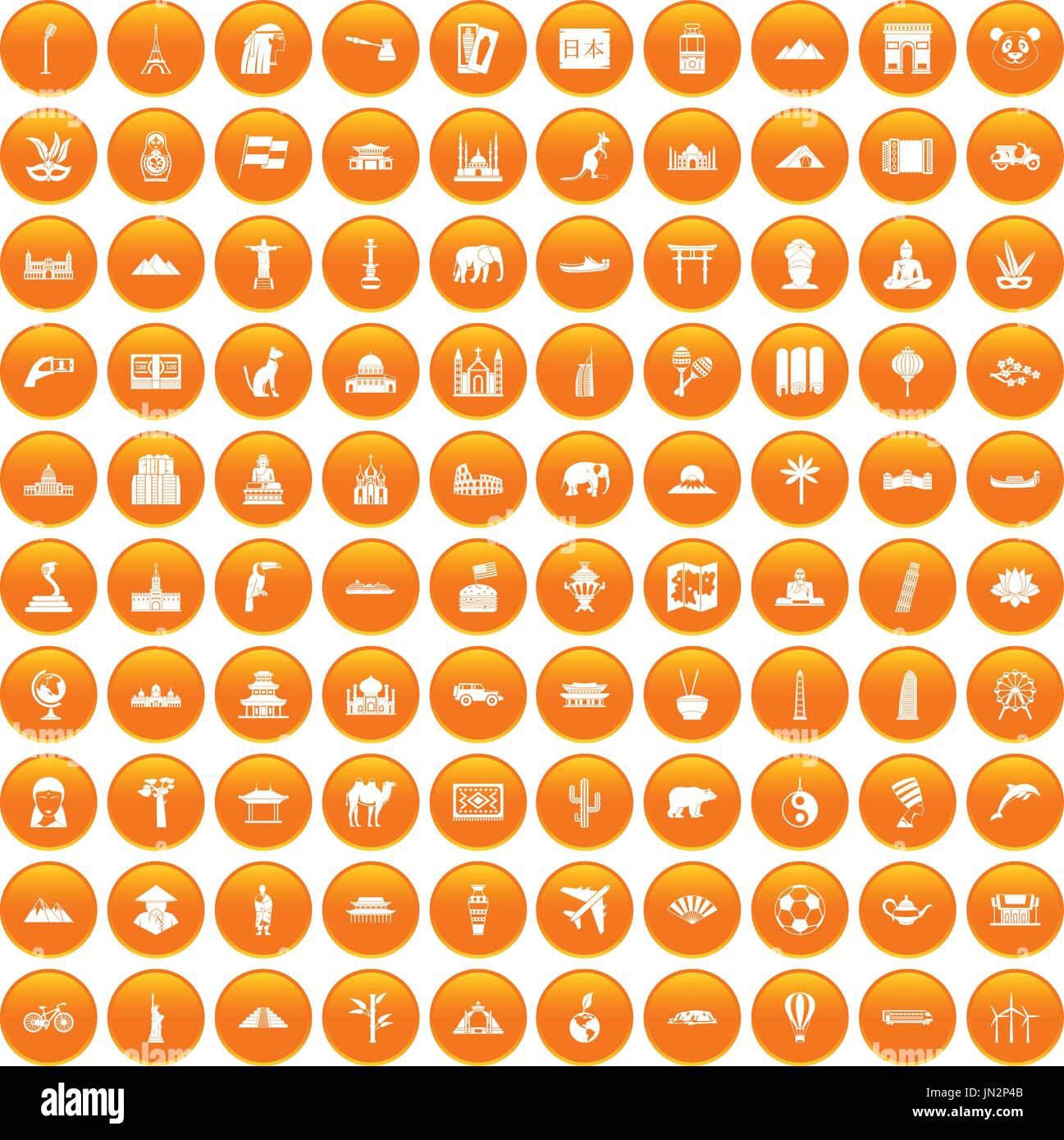 100 world tour icons set orange Stock Vector