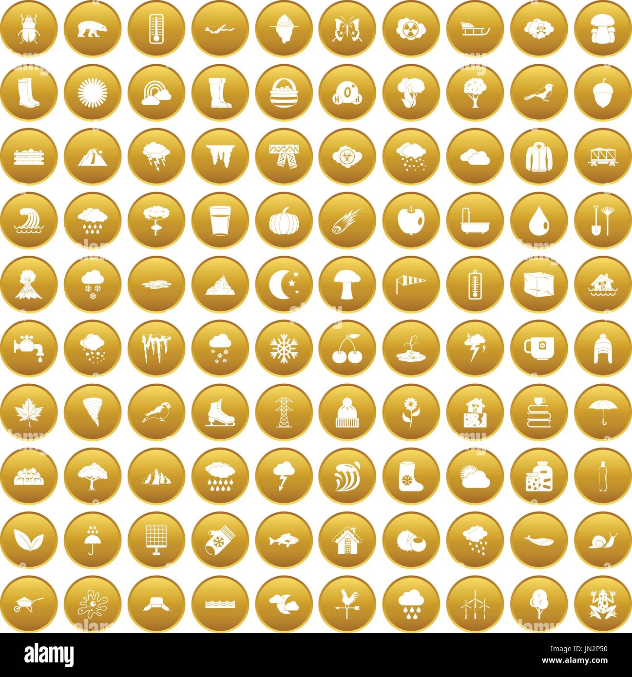 100 clouds icons set gold Stock Vector