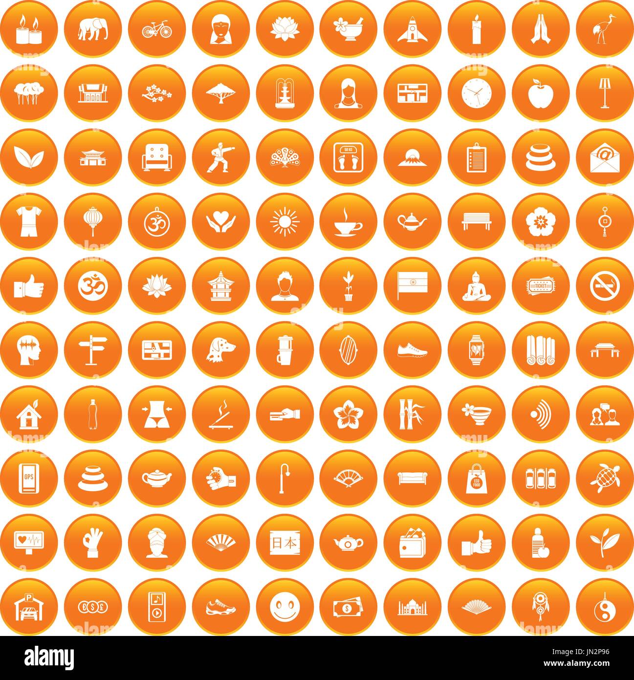 100 yoga studio icons set orange Stock Vector