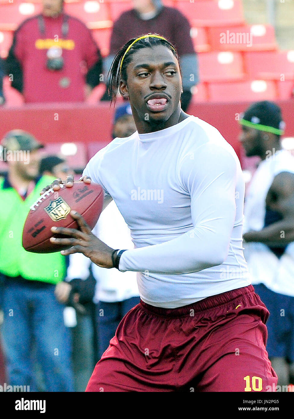 Washington Redskins quarterback Robert Griffin III (10) warms-up prior to the an NFC Wild-card play-off game against the Seattle Seahawks at FedEx Field in Landover, Maryland on Sunday, January 6, 2013..Credit: Ron Sachs / CNP Stock Photo