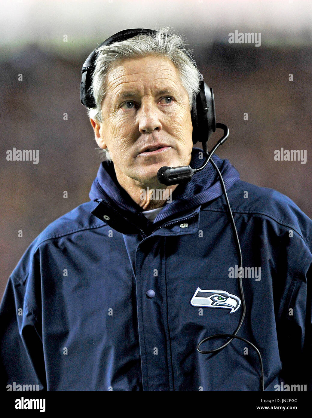 Seattle Seahawks head coach Pete Carroll paces the sidelines in the fourth quarter of the NFC Wild-card play-off game against the Washington Redskins at FedEx Field in Landover, Maryland on Sunday, January 6, 2013.  The Seahawks won the game 24 - 14..Credit: Ron Sachs / CNP Stock Photo