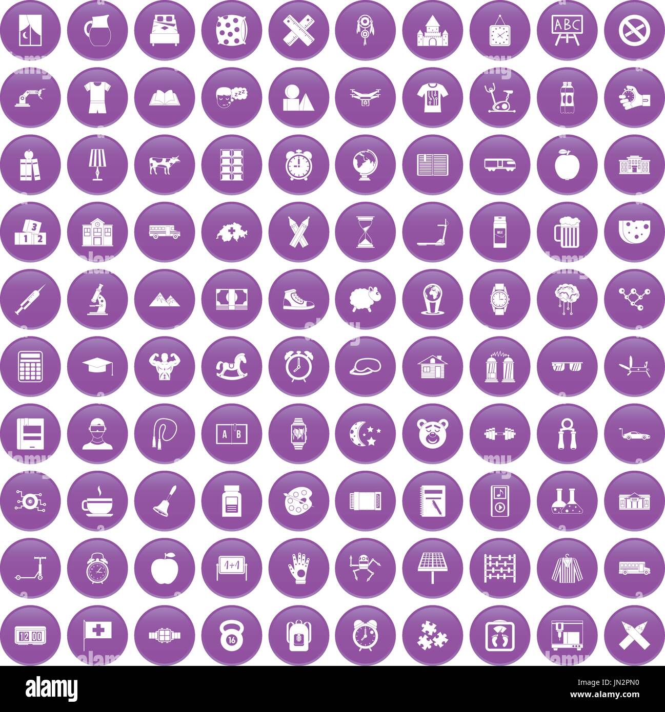 100 alarm clock icons set purple Stock Vector