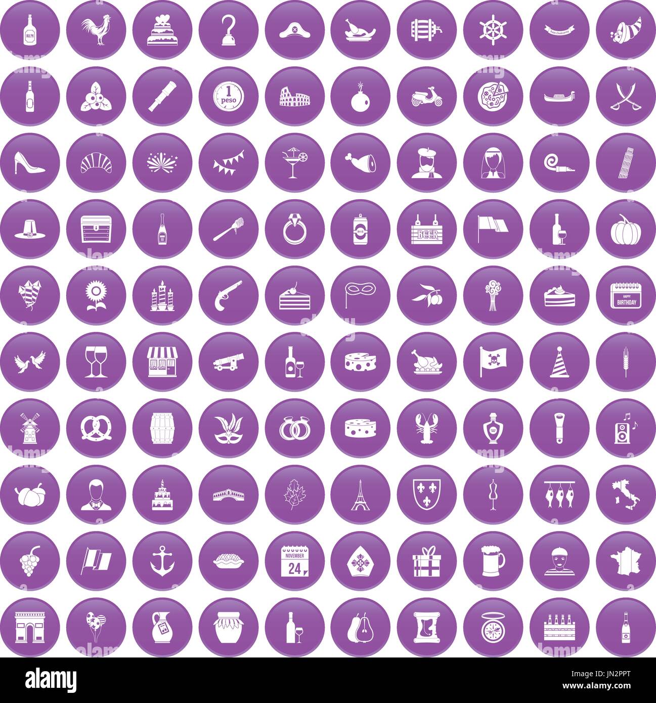 100 alcohol icons set purple Stock Vector