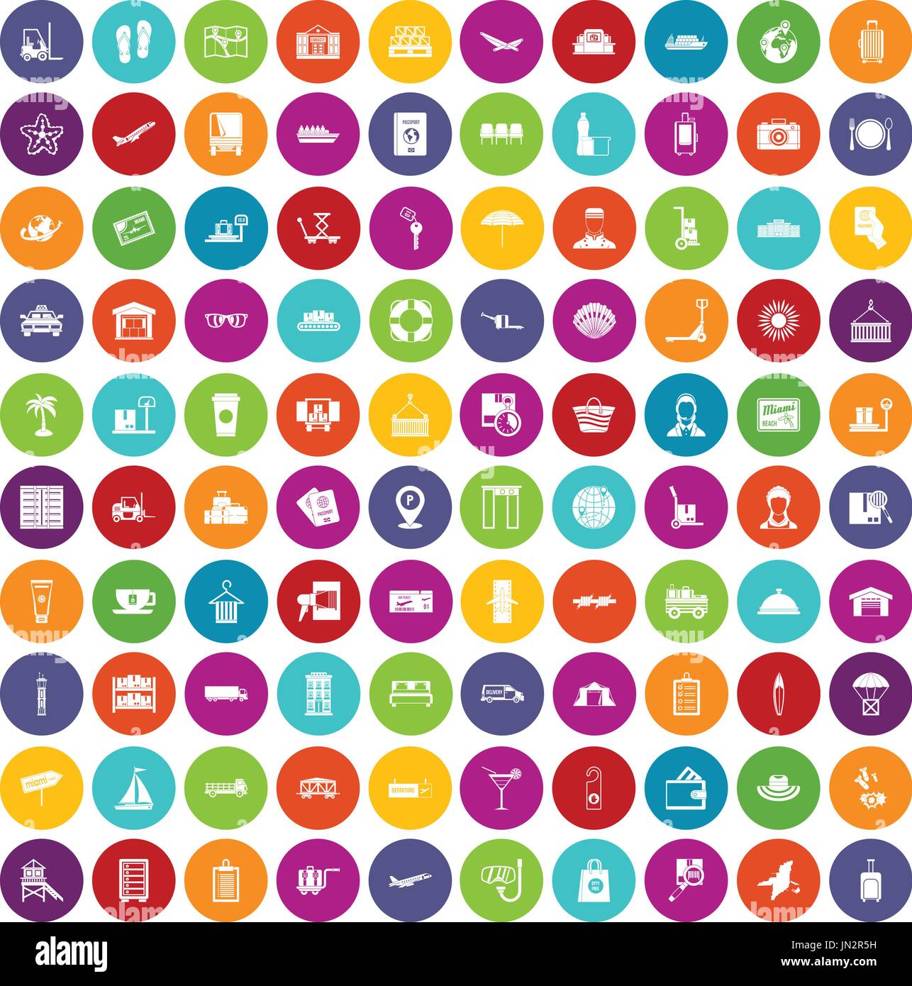 100 luggage icons set color Stock Vector