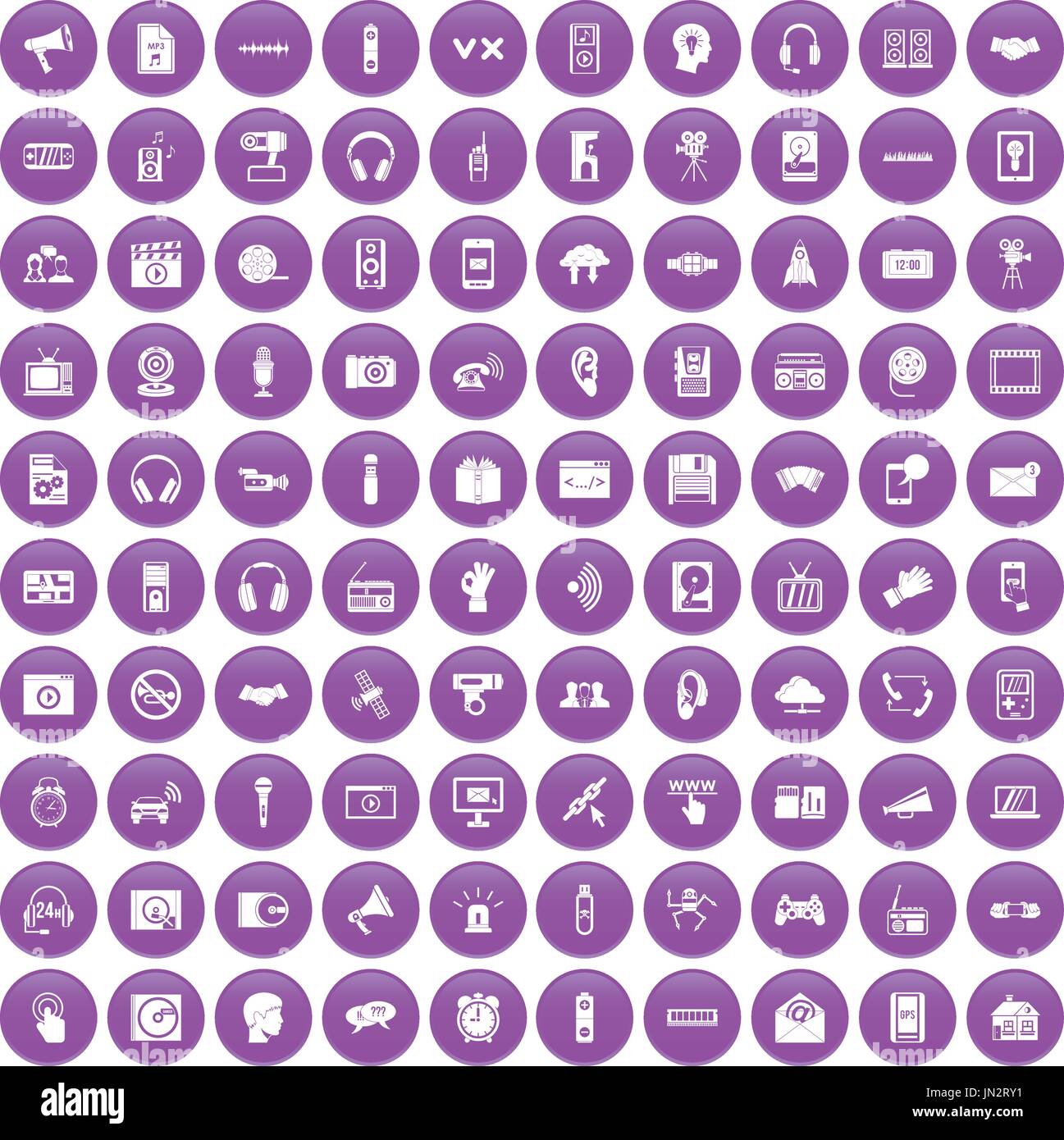 100 audio icons set purple Stock Vector