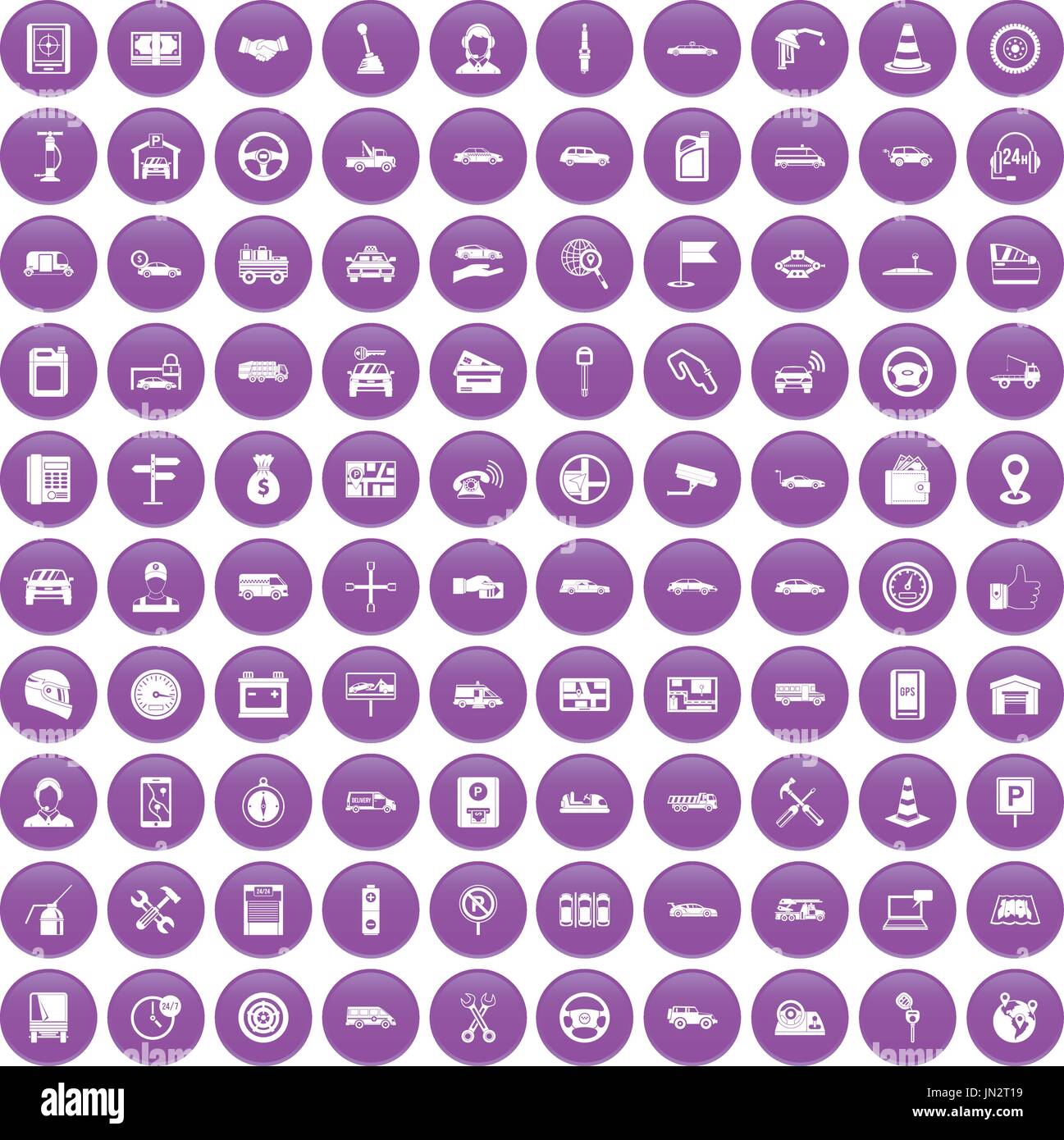 100 auto icons set purple Stock Vector