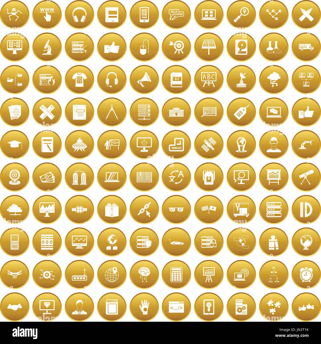 100 education technology icons set gold Stock Vector