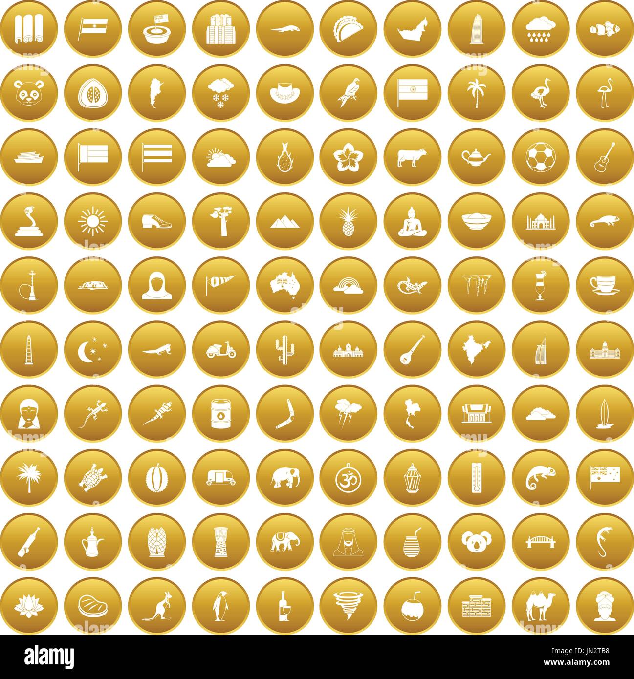 100 exotic animals icons set gold Stock Vector