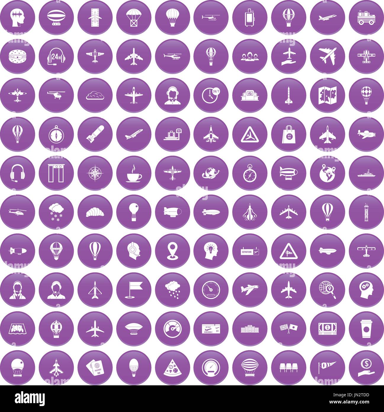 100 aviation icons set purple Stock Vector